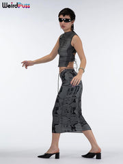 Weird Puss Y2K Fashion Women Two Piece Set Bandage Backless Skinny Tank Top+Mid Skirts Summer Matching Streetwear Stretch Outfit