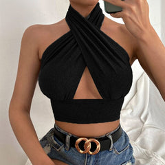 Women Summer Tank Tops Sexy Solid Color Cross Halter Neck Push Up Hollow Crop Tops 2022 New Fashion
