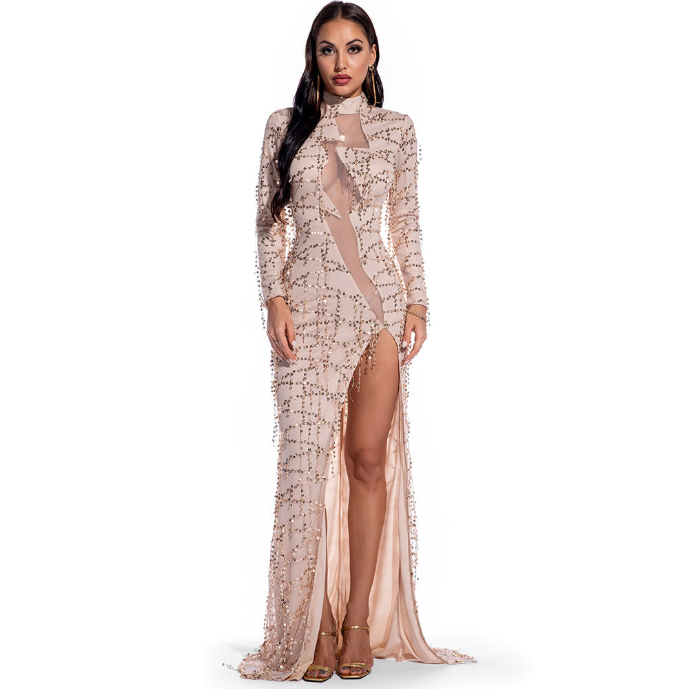 Evadne Sheer Sequin Turtleneck Maxi Dress