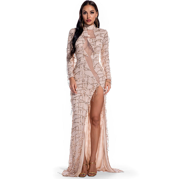 Evadne Sheer Sequin Turtleneck Maxi Dress