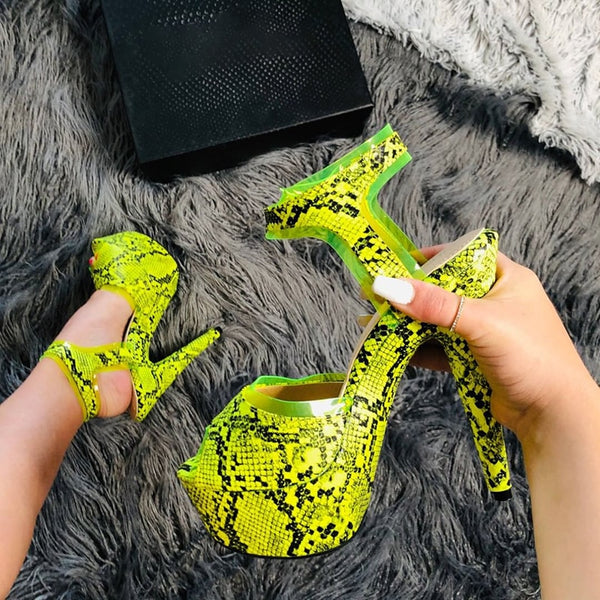 Snake print Open toe super high with sandals nightclub pole dance shallow mouth Platform