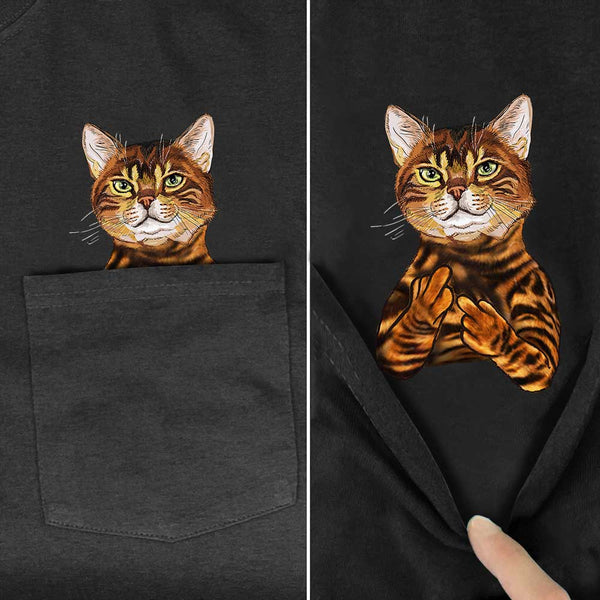 Animal T-Shirt Pocket Cat Stickers Printed T-shirt Tops Funny Cotton Tees