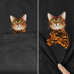 Animal T-Shirt Pocket Cat Stickers Printed T-shirt Tops Funny Cotton Tees