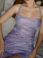 Rave Outfit Glitter Cowl-Neck Lace Up Sequins Dress