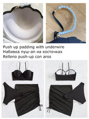 3 Piece Bikini Set Women Swimsuit with Skirt - Pearls Straps Swimwear