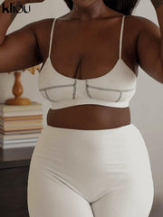 Kliou Concise Knitted Two Piece Set Women Skinny Patchwork Camisole Crop Tops+Solid Casual Pants Matching Female Workout Outfits