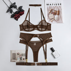 Neon Pink Lingerie Women Sexy Nightwear Lace Mesh Sheer Underwear Set 4 Pices Push Up Bra and Panties with Garter Halter Suit