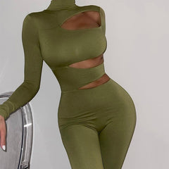 Hollow Out Jumpsuits Sexy One Piece Outfit Long Sleeve Bodycon Jumpsuit