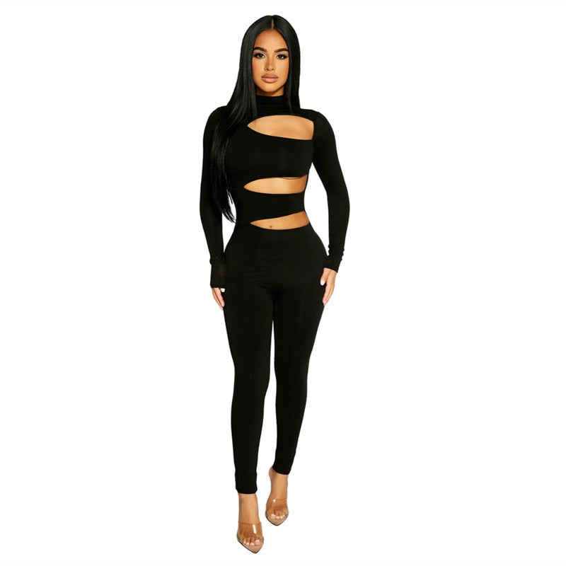 Hollow Out Jumpsuits Sexy One Piece Outfit Long Sleeve Bodycon Jumpsuit