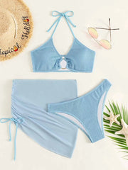 Ring Linked Halter Bikini Ribbed Bikini High Waist Swimsuit 3 Pieces Mesh Skirt