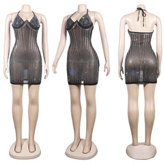 Rhinestone Diamonds Sheer Mesh Lace Up Mini Dress