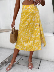 Split Thigh Allover Print Skirts Slit Long Length High Waist With Zipper Slight Stretch