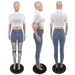 Fashion Sexy Women Summer Pants Female Streetwear Jeans Hollow Out Bottoms Eyelet Lace Up Trousers Women Denim Pants