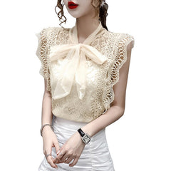 Solid Hollow Out Shirt Korean Fashion Clothing Vintage Sleeveless 2022 Womens Tops and Blouses Lace Patchwork Blusas 9811