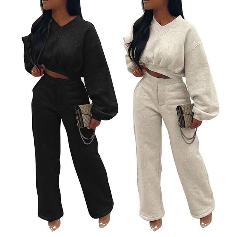 Casual Tracksuit Two Piece Set Shirt + Long Pants Solid Color Pulf Sleeve Streetwear Clothes Secondary image