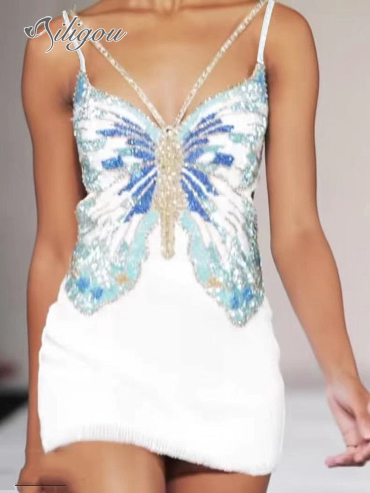 Ailigou New Women&#39;s Skinny Sexy Sleeveless Sling Butterfly Beaded Shiny Mini Bandage Dress Elegant Club Party Dress Vestidos