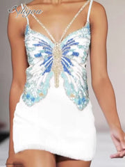 Ailigou New Women&#39;s Skinny Sexy Sleeveless Sling Butterfly Beaded Shiny Mini Bandage Dress Elegant Club Party Dress Vestidos