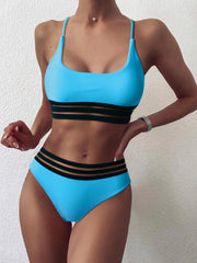 Webbing Patchwork Padded Bra High Waist Swimsuit