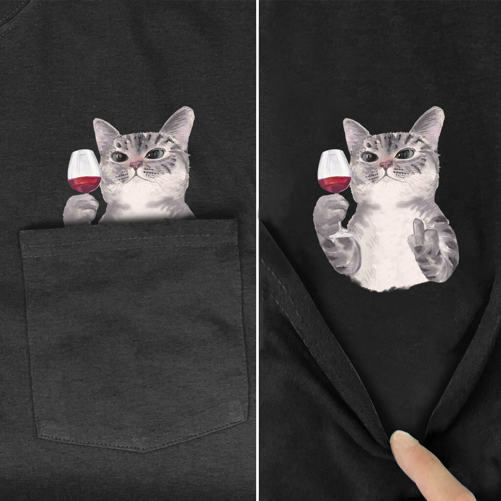 Animal T-Shirt Pocket Cat Stickers Printed T-shirt Tops Funny Cotton Tees Secondary image