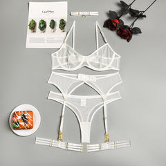 Neon Pink Lingerie Women Sexy Nightwear Lace Mesh Sheer Underwear Set 4 Pices Push Up Bra and Panties with Garter Halter Suit