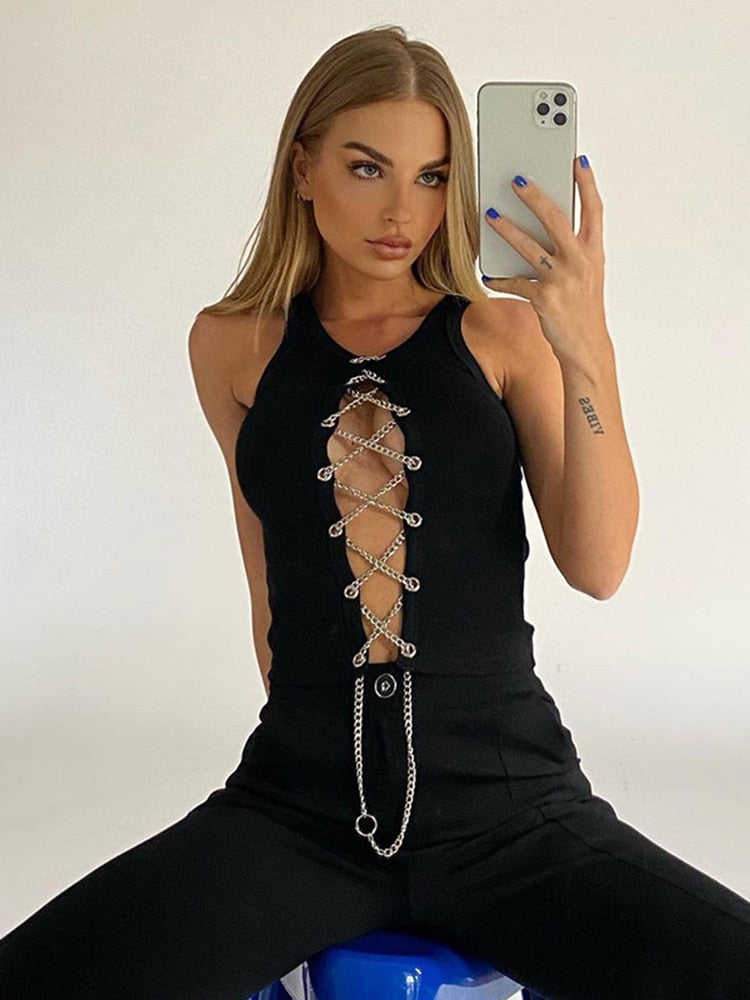 Cryptographic Fashion Sleeveless Lace Up Chain White Crop Tops for Women Club Party Backless Knitted Sexy Top Cropped Streetwear