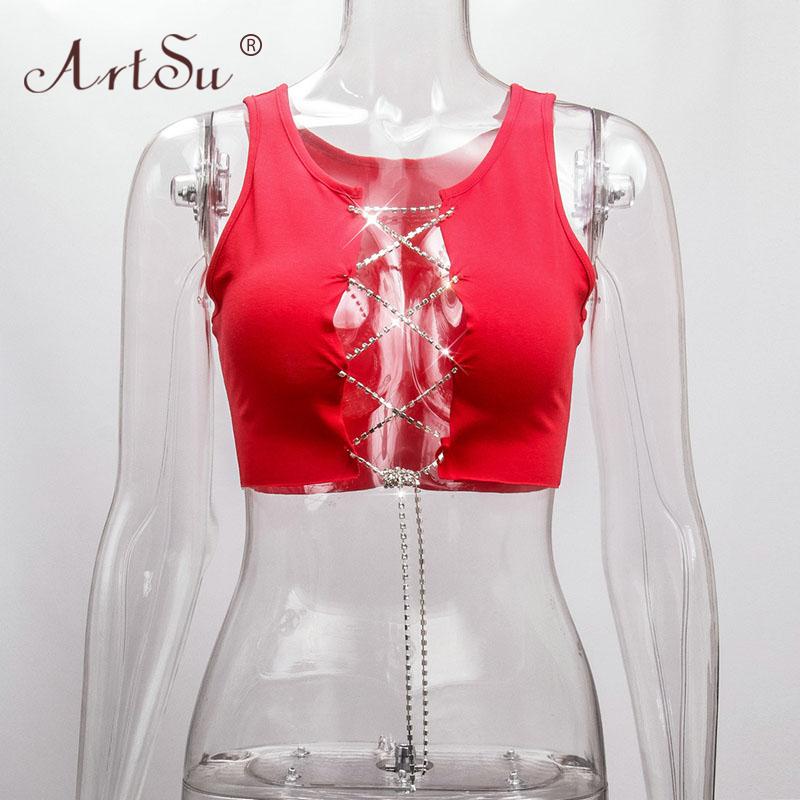 ArtSu Red Black White Metal Chain Sleeveless Crop Top Sexy Clubwear Women Adjustable Lace Up Hollow Out Tank Tops Tees Camisole