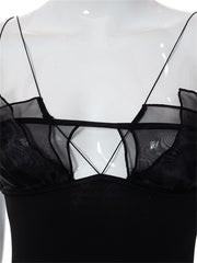 CHRONSTYLE Mesh Patchwork Push Up Women Dress Elegant Party Wear 2022 Sleeveless Strap Black Solid Color Short Mini Pencil Dress