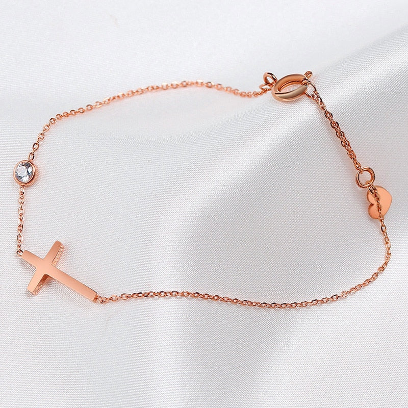 Simple Single Chain Cross Charm with Shiny CZ Bracelet
