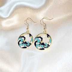 Cool Blue Ocean Beach Tropical Wave Earrings on 14k Gold Plated Circles