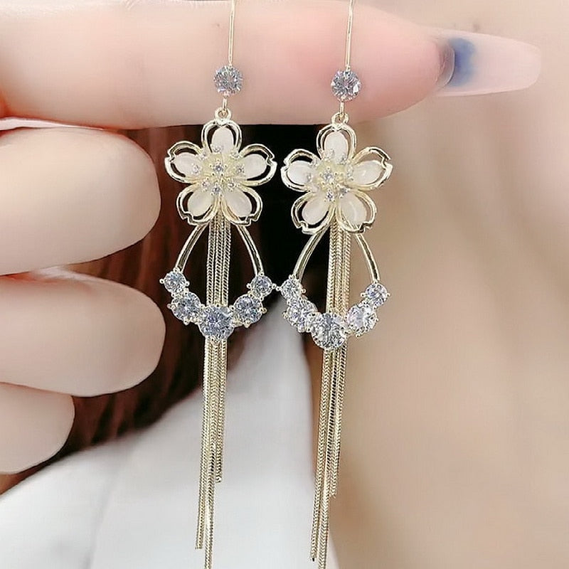 Exquisite Opal Flower Earrings Rhinestone Long Tassel Zircon Earrings