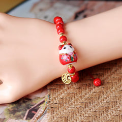 Chinese Style Cute Ceramic Fortune Cat Fu Bracelet Kawaii Fortune Wish Men Women Red String Bracelet Fashion Jewelry