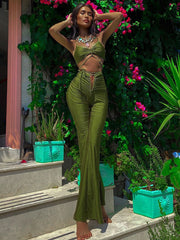 Cryptographic Green Sexy Bandage Crop Top and Flare Pants 2 Piece Sets Summer Club Fashion Outfits Women&#39;s Sets Matching Sets