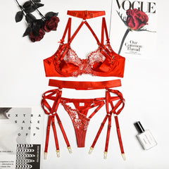 Yimunancy 3-Piece Lace Lingerie Set Women Embroidery Floral Halter Bra Underwire + Thong Underwear Set Pink Bandage Sexy Bra Set