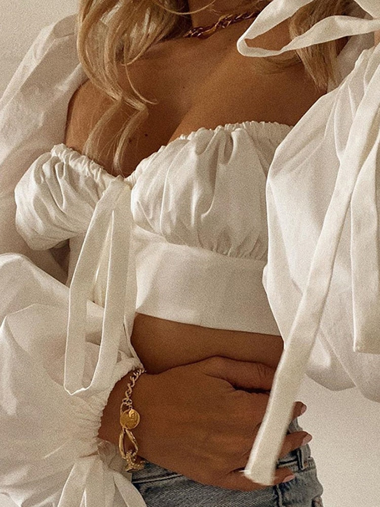 Cryptographic White Balloon Sleeve Elegant Women Top and Blouse Shirts Autumn 2022 Sexy Backless Crop Tops Solid Fashion Blusas