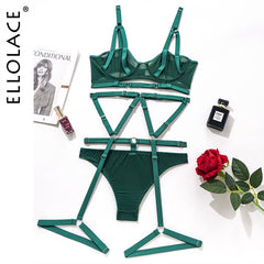 Ellolace Sensual Lingerie Bandage Transparent Erotic Underwear 3 Piece Bilizna Set Underwire Bra Garters Briefs Sexy Intimate