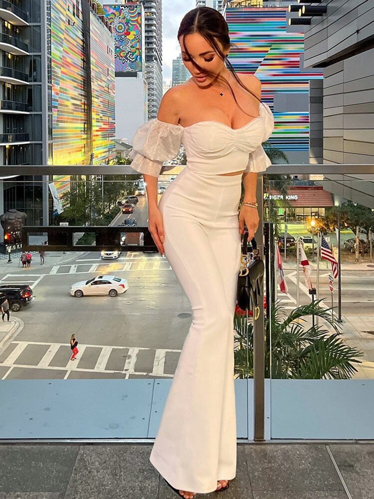 High Quality White Color Women Short Puff Sleeve Top Pants Set Royan Bandage Celebrity Fashion Women&#39;s Set