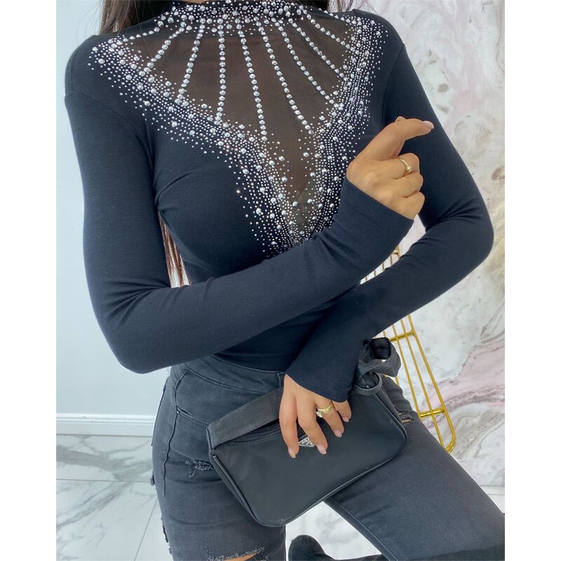 Lace Blouse Women Sexy Long Sleeves Sequined Rhinestones Patchwork Tee Tops Sexy Casual Slim Fit Blouses New Spring 2022