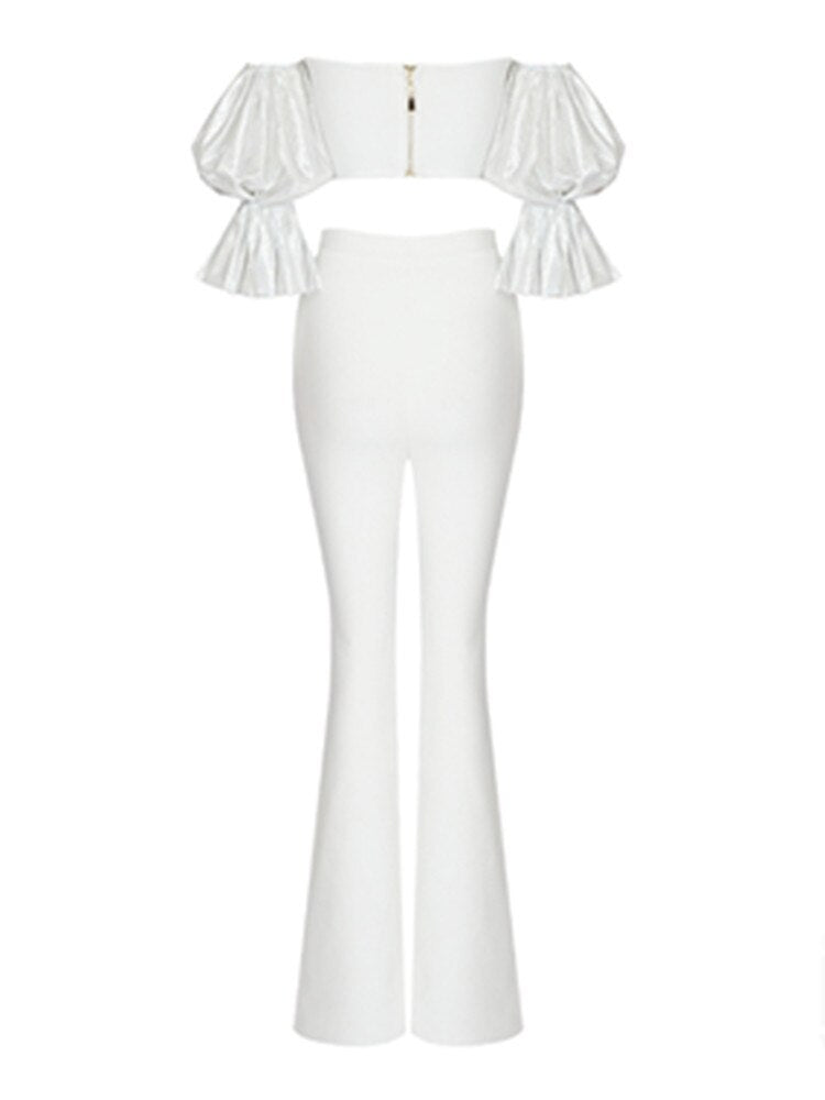 High Quality White Color Women Short Puff Sleeve Top Pants Set Royan Bandage Celebrity Fashion Women&#39;s Set