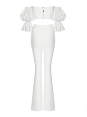 High Quality White Color Women Short Puff Sleeve Top Pants Set Royan Bandage Celebrity Fashion Women&#39;s Set