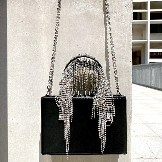 Luxury Rhinestone Tassel Handbag Diamonds Square Shoulder Bags Black Purse