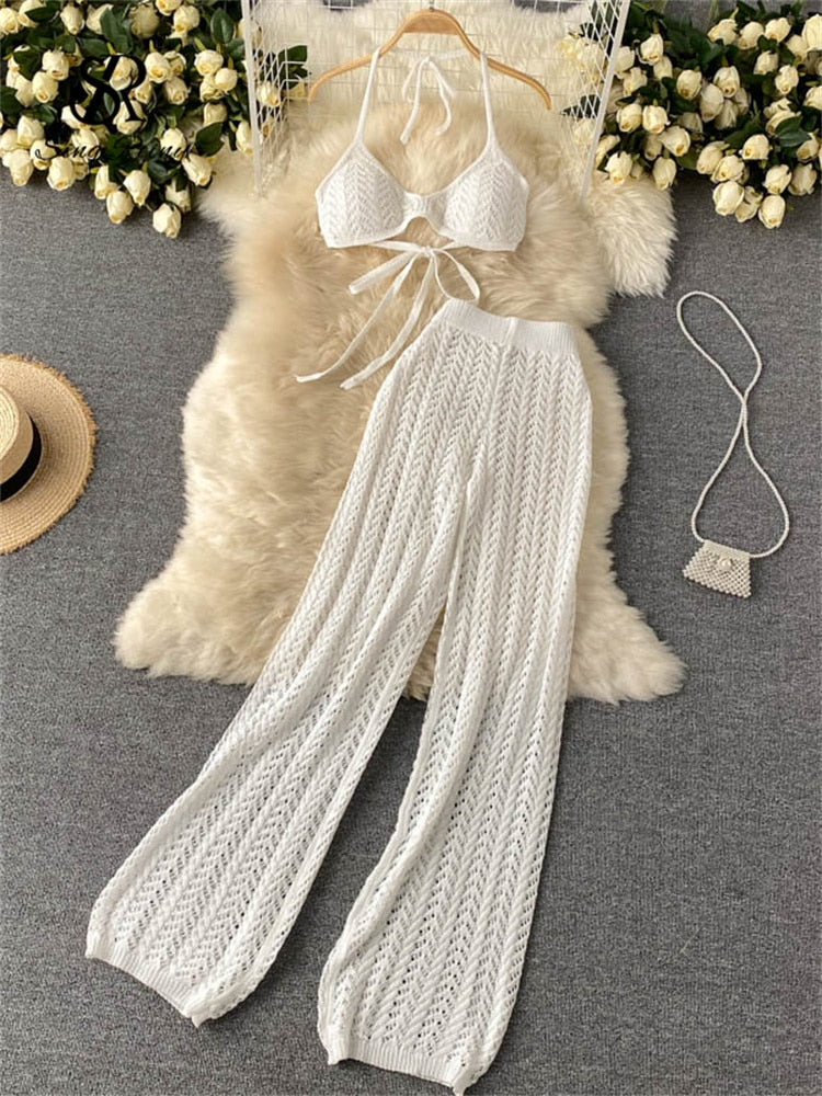 SINGREINY Women Summer Design Knitted Set Sexy Backless Halter Short Tops+Chic Hollow Knitted Wide Leg Long Pants Two Piece Suit