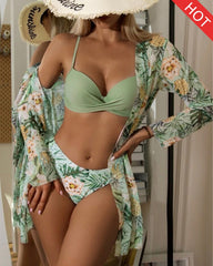 Floral Print Bikini Set - Low Waist Twist Swimsuit Long Sleeve Cover Up Three Pieces Beach Bathing Suit