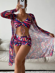 Tropical High Waist Bikini Three Pieces - Long Sleeve Cover Up Swimsuit Bathing Suit