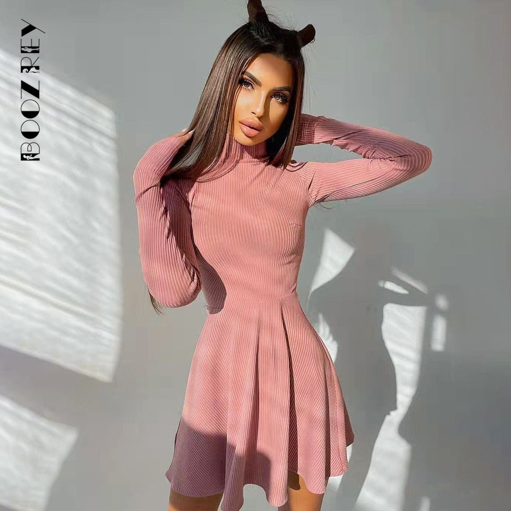 BoozRey Elegant Solid Dress for Women Long Sleeve Knitted Bottoming A-line Pleated Skirt Casual Streetwear Turtleneck Dress Girl