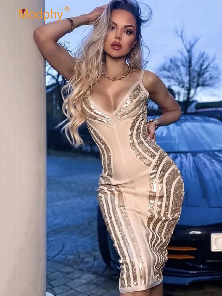 2022 Summer New Women&#39;s Khaki Sequin Tight Bandage Dress Sexy V Neck Spaghetti Strap Evening Runway Party Dresses Black Vestido