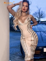 2022 Summer New Women&#39;s Khaki Sequin Tight Bandage Dress Sexy V Neck Spaghetti Strap Evening Runway Party Dresses Black Vestido