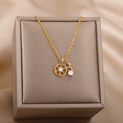 Goth Zircon Round Compass Necklace For Women Stainless Steel Gold Color North Star Pendants Necklaces Sailing Jewelry Gift