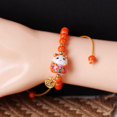 Chinese Style Cute Ceramic Fortune Cat Fu Bracelet Kawaii Fortune Wish Men Women Red String Bracelet Fashion Jewelry