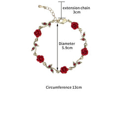 Vintage Red Rose Flower Necklace Bracelet Earring Jewelry Set Tassel Earring Clavicle Chain
