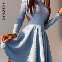 BoozRey Spring Long Sleeve Solid Dress Girl A-line Pleated Skirt Prom Party Dance Clothes French Hollow Backless Dress for Women